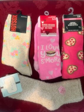 Bundle Women's Sock Trio - Beige Floral, Light Pink Hearts, Hot Pink Cookie